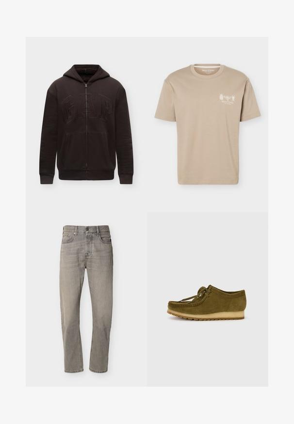 Zwarte zip-up hoodie met voorzakken, capuchon en verhoogd geborduurd GAP-logo op de borst, weergegeven tegen een eenvoudige lichte achtergrond.; Beige T-shirt met korte mouwen en een ronde hals, met kleine insectengrafieken en het "Marc O'Polo"-logo op de linkerborst.; Grijze jeans met rechte pijpen, vijf zakken, knoopsluiting en zichtbare stiksels, plat weergegeven op een witte achtergrond.; Olijfgroene suède schoen met een ronde neus, vetersluiting en een lage, gestructureerde rubberen zool. Minimale stiknaad details langs de rand.