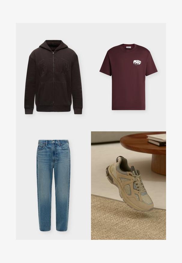 Sweat à capuche noir zippé avec poches avant, capuche et logo GAP brodé en relief sur la poitrine, présenté sur un fond clair uni.; T-shirt bordeaux foncé à manches courtes et col rond avec un petit graphique blanc et un texte sur le côté gauche de la poitrine indiquant "Marco Polo Denim."; Jean en denim bleu avec une taille haute, bouton devant, fermeture éclair et cinq poches, présenté sur un fond clair uni.; Baskets de sport beige et grises avec des détails en mesh et en daim, flottant au-dessus d'un tapis tissé à côté d'une table basse en bois avec des livres.