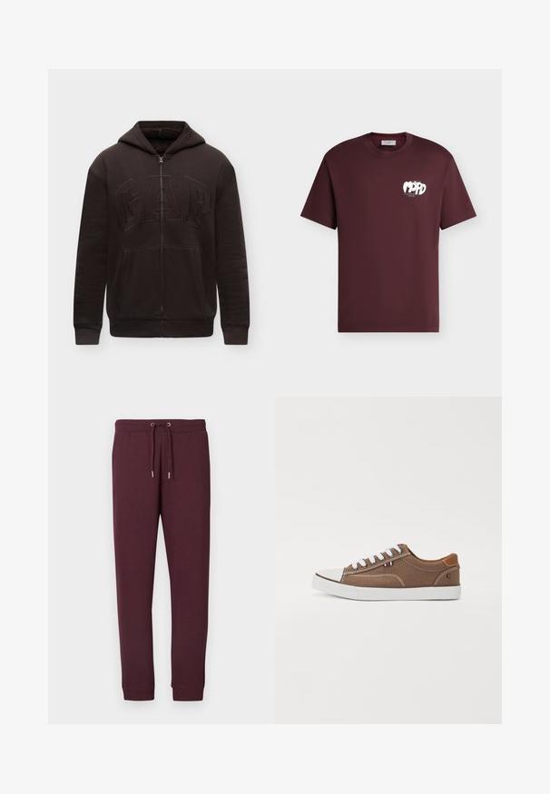 Sweat à capuche noir zippé avec poches avant, capuche et logo GAP brodé en relief sur la poitrine, présenté sur un fond clair uni.; T-shirt bordeaux foncé à manches courtes et col rond avec un petit graphique blanc et un texte sur le côté gauche de la poitrine indiquant "Marco Polo Denim."; Pantalon de survêtement bordeaux en tissu doux, avec une taille élastique à cordon de serrage et des poignets côtelés aux chevilles. Sans poches.; Baskets en toile brunes avec lacets blancs, embout en caoutchouc et accents contrastants beige sur le talon, présentant un petit emblème tricolore.