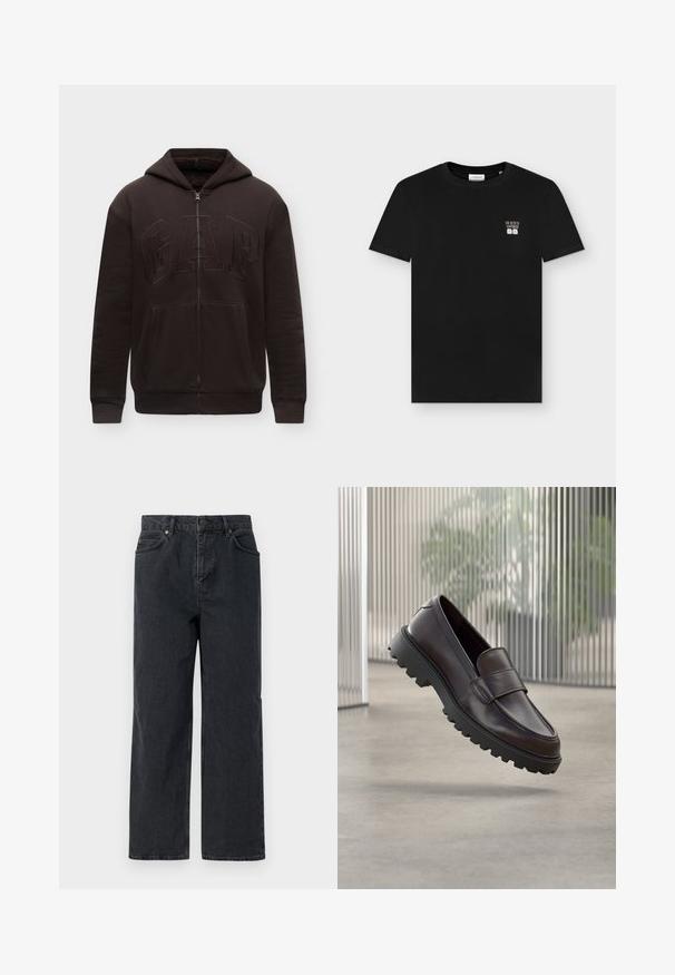 Schwarzer Kapuzenpullover mit Reißverschluss, Fronttaschen, Kapuze und erhabenem gesticktem GAP-Logo auf der Brust, vor einem schlichten hellen Hintergrund präsentiert.; Schwarzes kurzärmeliges T-Shirt mit Rundhalsausschnitt, mit kleinem weißem Text "THE KEYS TO HAPPINESS" und zwei Schlüssel-Symbolen auf der linken Brust.; Dunkelblaue Denim-Hosen mit weitem Bein, Fünf-Taschen-Design und Knopfverschluss. Enthält Hardware in kupferfarbener Ausführung und eine subtile Textur.; Brauner Leder-Schlupfschuh mit abgerundetem Zehenbereich und einer robusten schwarzen Gummisohle. Verfügt über einen dekorativen Riemen über dem Spann.
