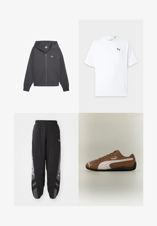 Grå zip-up hoodie med en stor frontlomme, justerbar hætte og hvid Puma-logo på venstre bryst, lavet af blødt stof.; Hvid t-shirt med korte ærmer og rund hals med en lille sort Puma-logo på venstre bryst mod en lys baggrund.; Sorte joggebukser lavet af blødt materiale. Har elastisk talje, tapered ben, grå detaljer og hvide logoer på siderne.; Brun ruskindsneaker med hvide accenter og tekstureret design. Har en sort gummisål og et fremtrædende Puma-logo på siden.