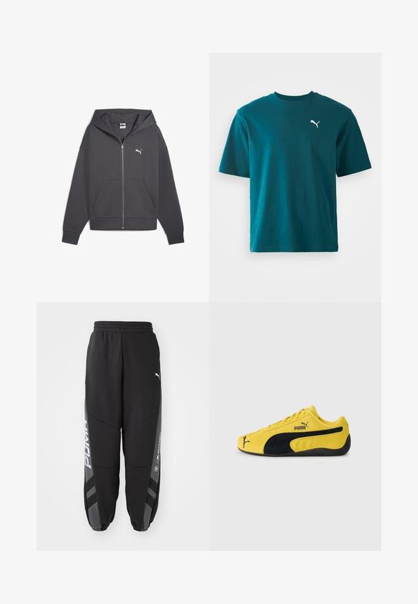 Grå zip-up hoodie med en stor frontlomme, justerbar hætte og hvid Puma-logo på venstre bryst, lavet af blødt stof.; Teal bomulds t-shirt med korte ærmer, rund hals og et hvidt Puma-logo på venstre bryst; glat tekstur og regular fit.; Sorte joggebukser lavet af blødt materiale. Har elastisk talje, tapered ben, grå detaljer og hvide logoer på siderne.; Gul ruskinds sneakers med sorte ruskindsdetaljer. Har en struktureret sål, snørelukning og Puma-logo på siden og tungen.