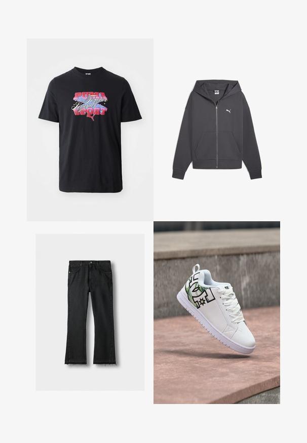 Grå zip-up hoodie med en stor frontlomme, justerbar hætte og hvid Puma-logo på venstre bryst, lavet af blødt stof.; Sort kortærmet t-shirt lavet af bomuld, med et farverigt grafisk print med teksten "PUMA Forever Legends SPORT."; Sorte denimjeans med lige ben, forlommer og rå, frynset kant, lagt fladt på en lys baggrund.; Hvid lavtop-sneakers med hvide snørebånd og et sort-grønt grafisk design på siden, der svæver over en lyserød stensurface.