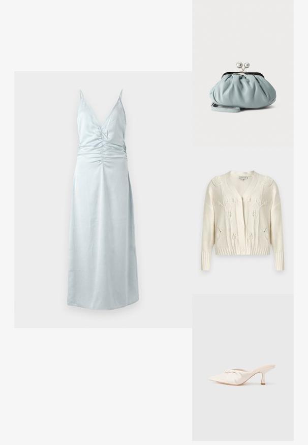 Crèmekleurig gebreid vest met bloemachtige kabelpatronen, V-hals, lange mouwen, geribbelde manchetten en zoom, en een knoopsluiting aan de voorkant.; Lichtblauwe, mouwloze jurk met een diepe V-hals en gathered details bij de taille. Gladde textuur, vloerlength ontwerp.; Muil in lichtbeige stof met een geknoopt ontwerp aan de voorkant, een puntige neus en een slanke, taps toelopende hak. Over het geheel genomen een gladde textuur.; Kleine lichtblauwe leren muntenportemonnee met zilverkleurige metalen kiss-lock sluiting en kort polsbandje op een effen achtergrond.
