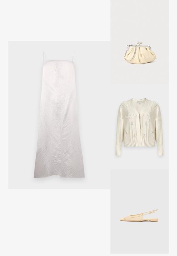Cárdigan de punto crema con patrones de cables florales, escote en V, mangas largas, puños y dobladillo acanalados, y cierre delantero con botones.; Vestido blanco sin mangas con una silueta recta, hecho de una tela ligeramente texturada, con una costura central y tirantes mínimos.; Zapato plano tipo slingback en beige claro con parte superior de malla, punta afilada y tacón bajo. Cuenta con una correa ajustable para un mejor ajuste.; Clutch de cuero beige plisado con un marco de metal plateado, que cuenta con dos broches decorativos redondos y una correa de cadena plateada.