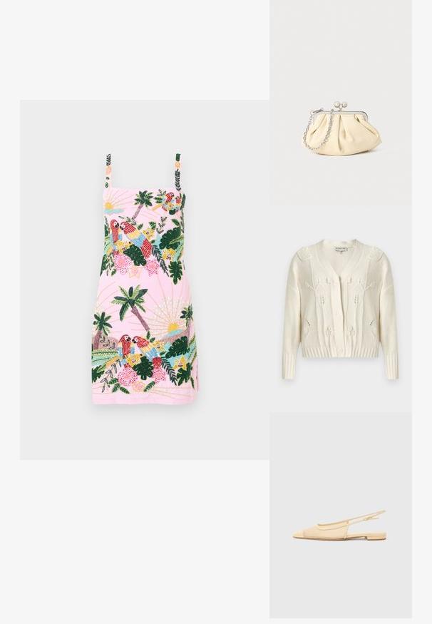Cardigan en tricot écru avec motifs torsadés floraux, col en V, manches longues, poignets et ourlet côtelés, et fermeture à boutons sur le devant.; Robe rose sans manches avec broderie tropicale de perroquets, palmiers, fleurs et motifs de soleil sur le devant et les bretelles.; Chaussure plate slingback en beige clair avec une tige en maille, un bout pointu et un petit talon. Dotée d'une sangle ajustable pour un bon maintien.; Pochette en cuir beige plissé avec un cadre en métal argenté, dotée de deux fermoirs ronds décoratifs et d'une chaîne en argent.