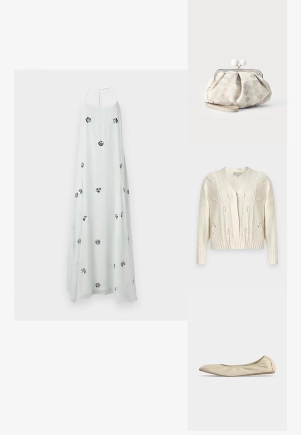 Crèmekleurig gebreid vest met bloemachtige kabelpatronen, V-hals, lange mouwen, geribbelde manchetten en zoom, en een knoopsluiting aan de voorkant.; Witte maxi-jurk met een halternek, versierd met zilveren bloemenapplicaties. Vloeiend, lichtgewicht materiaal zorgt voor een zachte textuur.; Beige zachte leren ballerina met afgeronde neus, laag uitgesneden zijprofiel en slanke rubberen zool op een effen witte achtergrond.; Kleine beige clutch met gestructureerde stippenstof, zilveren frame, ronde witte gesp en afneembare polsband op een effen achtergrond.