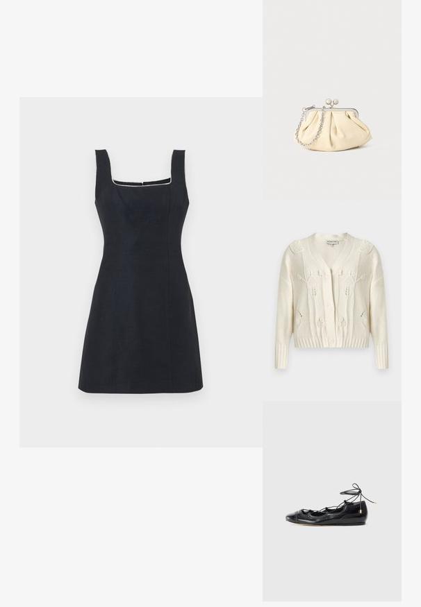 Cardigan en tricot écru avec motifs torsadés floraux, col en V, manches longues, poignets et ourlet côtelés, et fermeture à boutons sur le devant.; Robe noire cintrée sans manches avec un décolleté carré et des détails subtils de coutures, présentée sur un fond blanc uni.; Ballet flats en cuir verni noir avec des découpes et un système de laçage. Présentent un bout rond et des accents perforés décoratifs.; Pochette en cuir beige plissé avec un cadre en métal argenté, dotée de deux fermoirs ronds décoratifs et d'une chaîne en argent.