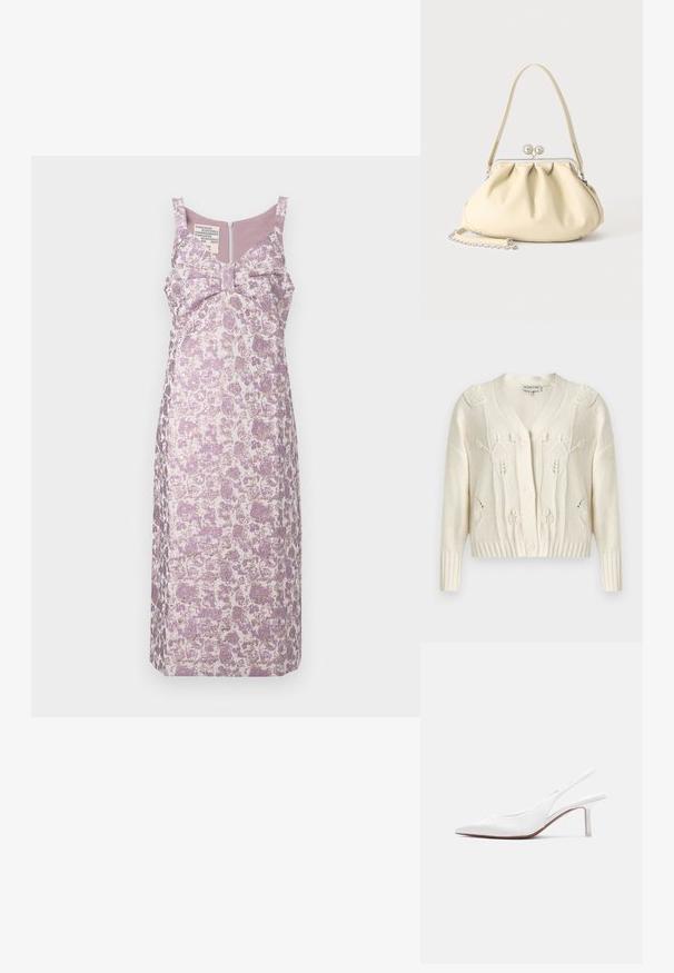Kremfarvet strikket cardigan med blomstrede kabelmønstre, V-hals, lange ærmer, ribstrikkede manchetter og kant samt knaplukning foran.; Blomstermønstrede kjole i lilac og creme, med en sløjfedetail foran, justerbare stropper og lynlåsbagd.; Hvid læder slingback damesko med spids tå, lav kittenhæl og lille dekorativ sløjfe på toppen, vist i sideprofil.; Cremefarvet blødt læder håndtaske med indsamlet design, sølvramme-lukkemekanisme, kort hank og aftagelig kæderem.
