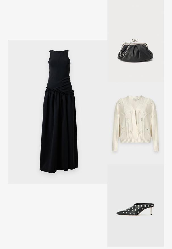 Cardigan en tricot écru avec motifs torsadés floraux, col en V, manches longues, poignets et ourlet côtelés, et fermeture à boutons sur le devant.; Robe noire avec un haut ajusté à col rond et une jupe froncée et fluide. Fabriquée à partir d'un tissu doux et lisse avec une texture homogène.; STAND STUDIO KELSEY - Mules à talons - black; Porte-monnaie en cuir noir avec texture froncée, cadre en métal argenté, fermeture à verrouillage kiss-lock et bandoulière en chaîne. Surface lisse et douce.