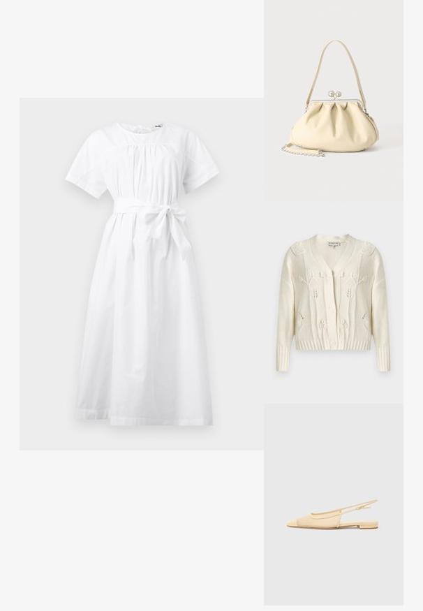 Cardigan en tricot écru avec motifs torsadés floraux, col en V, manches longues, poignets et ourlet côtelés, et fermeture à boutons sur le devant.; Robe midi blanche à manches courtes avec taille froncée, encolure ronde et nœud ceinture à la taille, présentée sur un fond uni.; Chaussure plate slingback en beige clair avec une tige en maille, un bout pointu et un petit talon. Dotée d'une sangle ajustable pour un bon maintien.; Sac à main en cuir souple couleur crème avec un design froncé, fermoir cadre argenté, poignée courte et bandoulière chaîne amovible.