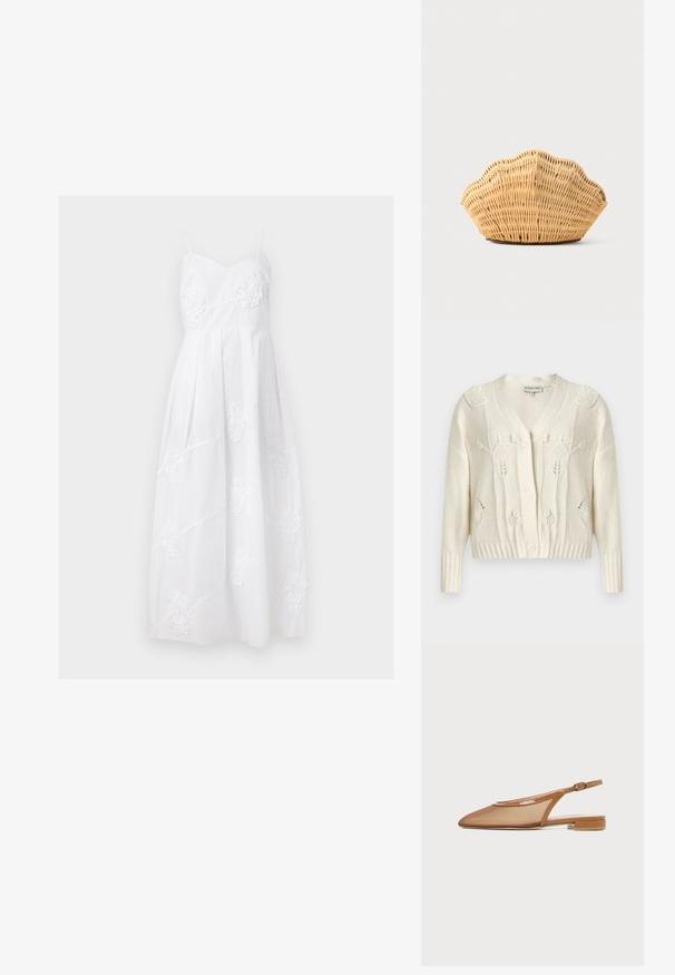 Cardigan en tricot écru avec motifs torsadés floraux, col en V, manches longues, poignets et ourlet côtelés, et fermeture à boutons sur le devant.; Robe longue blanche sans manches avec bretelles spaghetti et broderie florale subtile sur le corsage et la jupe.; Chaussure plate à bride arrière marron avec bout pointu, fine bride avec boucle et petit talon bloc sur fond blanc.; Sac à main en rotin tissé en forme de coquille Saint-Jacques de couleur brun clair naturel avec des bords arrondis et texturés.