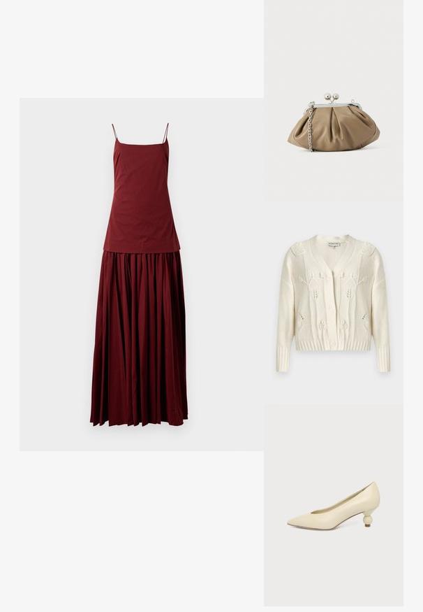 Cardigan en tricot écru avec motifs torsadés floraux, col en V, manches longues, poignets et ourlet côtelés, et fermeture à boutons sur le devant.; Robe sans manches bordeaux avec un haut ajusté et une jupe fluide plissée. Confectionnée en tissu léger, elle dispose de fines bretelles spaghetti.; Chaussure femme couleur crème à bout pointu avec un petit talon rond en forme de boule, sur fond uni.; Pochette en cuir beige clair à la forme arrondie, texture plissée, fermeture à verrou argentée et bandoulière chaîne amovible.