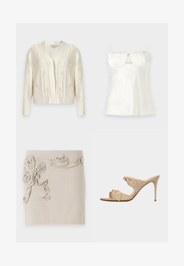 Kremfarvet strikket cardigan med blomstrede kabelmønstre, V-hals, lange ærmer, ribstrikkede manchetter og kant samt knaplukning foran.; Hvid satin camisole med justerbare stropper, en struktureret, scalloped buste og en lige kant. Glat tekstur og minimalistisk design.; Beige linnedragt med teksturerede, stof rosetapplikationer og snoet bånddetalje for et dimensionelt udseende. Glat finish.; Beige åben tå højhælet mule-sandal med to snoede knudestrimler og en slank stilet-hæl på hvid baggrund.