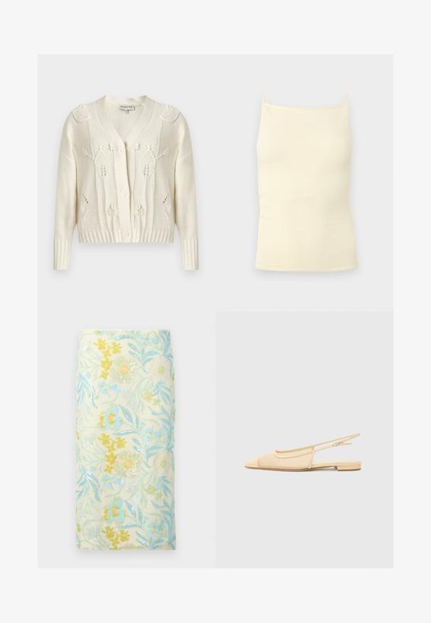 Cardigan en tricot écru avec motifs torsadés floraux, col en V, manches longues, poignets et ourlet côtelés, et fermeture à boutons sur le devant.; Haut caraco en maille côtelée couleur crème avec fines bretelles et encolure droite sur un fond neutre.; Jupe crayon brodée de fleurs en crème, ornée de sequins multicolores, avec des motifs floraux bleus et jaunes détaillés ainsi que des feuilles.; Chaussure plate slingback en beige clair avec une tige en maille, un bout pointu et un petit talon. Dotée d'une sangle ajustable pour un bon maintien.