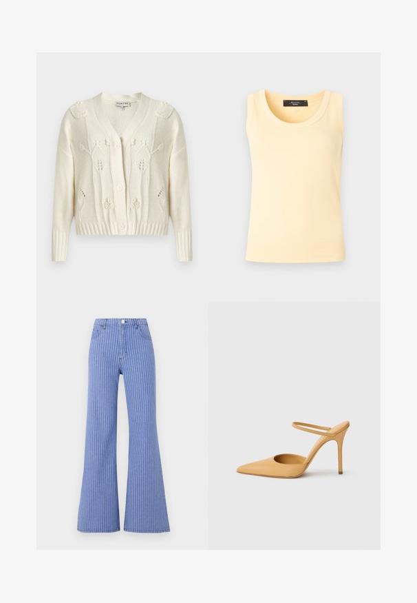 Kremfarvet strikket cardigan med blomstrede kabelmønstre, V-hals, lange ærmer, ribstrikkede manchetter og kant samt knaplukning foran.; Ærmeløs ribstrikket tanktop i bleg gul med rund halsudskæring og sort mærke indvendigt i kraven.; Blå vidbenede bukser med høj talje og hvide, lodrette nålestriber, forreste knaplukning og forlommer på en lys baggrund.; Beige spidse stilettohæle med en tynd ankelrem på en hvid baggrund.
