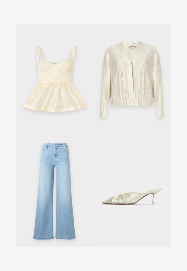 Cardigan en tricot écru avec motifs torsadés floraux, col en V, manches longues, poignets et ourlet côtelés, et fermeture à boutons sur le devant.; Haut en satin jaune clair avec un corsage ajusté, une jupe froncée et des bretelles en ruban. Détails texturés visibles sur le devant.; Jean large en denim bleu clair avec une taille haute, bouton frontal et design à cinq poches sur un fond uni.; Mule blanche en satin à bout pointu avec des détails froncés et un talon fin de hauteur moyenne sur fond uni.