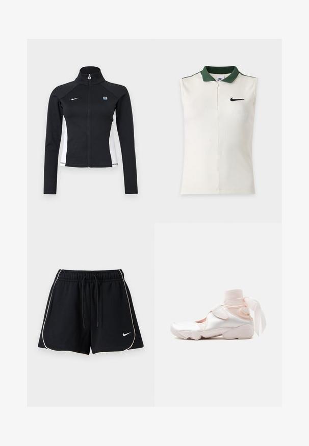 Sort sportjakke med fuld lynlås, hvide sidelommer, lange ærmer, høj krave og Nike-logo på venstre bryst.; Ærmeløs hvid Nike-top med ribbet tekstur, mørkegrøn krave, halv lynlås og sort Nike-logo på brystet.; Sorte atletikshorts med hvide kanter, elastisk linning med snøre og lille hvid Nike swoosh-logo på venstre nederste ben.; Hvid og lyserød sneaker med blødt stofankelomslag bundet i en sløjfe, med justerbar rem og rundet sål.