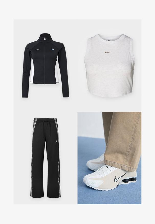 Schwarze Sportjacke mit durchgehendem Reißverschluss, weißen Seitenteilen, langen Ärmeln, hohem Kragen und Nike-Logo auf der linken Brust.; Weißes Crop-Top aus weichem, strukturiertem Stoff. Verfügt über einen runden Ausschnitt und einen ärmellosen Schnitt mit einem kleinen goldenen Nike-Logo auf der Vorderseite.; Schwarze Sporthose mit weißen Seitenstreifen, elastischem Bund mit Kordelzug und kleinem Jumpman-Logo am rechten Oberschenkel.; Weiße und beigefarbene Nike-Sneaker mit durchlöchertem Design, schwarzem Swoosh-Logo, strukturiertem Obermaterial und auffälliger, federnder schwarzer Ferse.