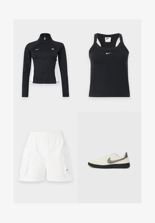 Chaqueta deportiva negra con cremallera completa, paneles laterales blancos, mangas largas, cuello alto y logo de Nike en el pecho izquierdo.; Top corto negro de Nike con espalda racer y canalé, con el logo blanco de Nike swoosh centrado bajo el escote.; Bermudas blancas con una cinturilla elástica, dos bolsillos laterales y un pequeño logo negro en el lado inferior. Tela ligera, diseño casual.; Nike Sportswear FIELD GENERAL - Zapatillas - off-white/black