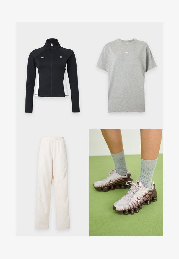 Schwarze Sportjacke mit durchgehendem Reißverschluss, weißen Seitenteilen, langen Ärmeln, hohem Kragen und Nike-Logo auf der linken Brust.; Graues kurzärmeliges Baumwoll-T-Shirt mit Rundhalsausschnitt und kleinem weißen Nike-Swoosh-Logo mittig auf der Brust.; Locker sitzende, crèmefarbene Hose mit elastischem Bund und geradem Beinschnitt, vor einem einfarbigen weißen Hintergrund präsentiert.; Nike Sneaker in Hellrosa und Braun mit einer strukturierten Oberseite, geschichtetem Design und dämpfender Außensohle mit sichtbaren Air-Elementen.