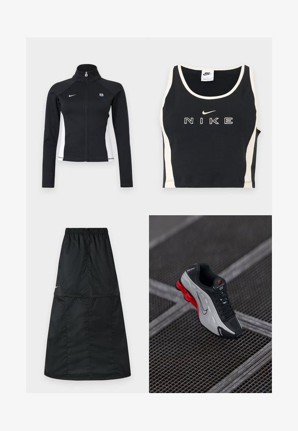 Musta, täyspitkä vetoketjusporttinen takki, jossa valkoiset sivupaneelit, pitkät hihat, korkea kaulus ja Nike-logo vasemmassa rinnassa.; Musta hihaton crop-top valkoisilla reunoilla ja sivupaneeleilla, jossa valkoinen Nike-teksti ja swoosh-logo keskellä edessä.; Musta urheiluhame, valmistettu kevyestä, sileästä nylonkankaasta. Siinä on joustava vyötärönauha ja yksinkertainen, pitkä A-linjainen muotoilu.; Mustat ja harmaat urheilukengät, joissa on punainen pehmustettu pohja, mustat nauhat ja swoosh-logo metalliverkkoalustalla.