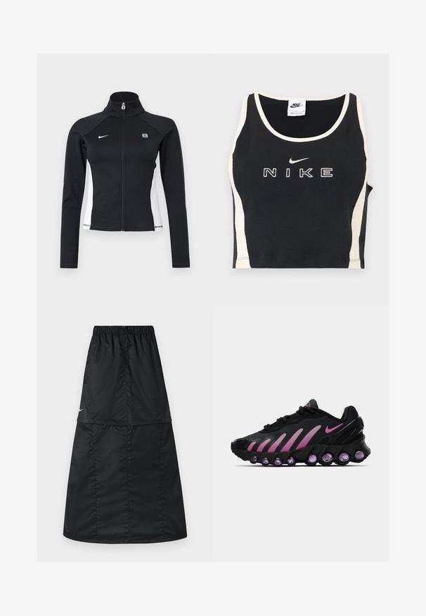 Chaqueta deportiva negra con cremallera completa, paneles laterales blancos, mangas largas, cuello alto y logo de Nike en el pecho izquierdo.; Top corto negro sin mangas con ribete blanco y paneles laterales, con texto "Nike" en blanco y logo swoosh centrado en el frente.; Falda deportiva negra hecha de tela de nylon ligera y suave. Presenta una cintura elástica y un diseño simple, largo y en línea A.; Zapatillas Nike negras y rosas con parte superior de malla, diseño curvado y amortiguación morada redondeada en la suela y los laterales.