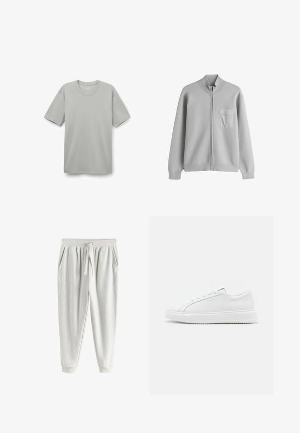 Cárdigan gris claro con cremallera, cuello, puños y borde inferior de canalé, y un solo bolsillo con solapa en el pecho izquierdo.; Camiseta de algodón gris claro con cuello redondo, mangas cortas y un ajuste relajado. Textura suave sin patrones ni adornos visibles.; Pantalones jogger de forro polar gris claro con cintura elástica, cordón, bolsillos laterales y tobillos con puños.; Zapatillas blancas hechas de material sintético suave. Presentan un diseño de caña baja, suela blanca elevada, punta redondeada y cordones en la parte frontal con cinco ojetes.