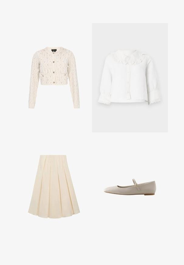 Strikket cropped cardigan i cremefarve med lange ærmer, rund halsudskæring, små knapper foran og diskrete pailletdetaljer.; Hvid babybluse med lange ærmer, bølget blondekrave og manchetter, knapper foran og let opsamlede ærmer.; Plisseret nederdel i cremefarvet stof; har en blød tekstur, mellemlang design og symmetriske plisseringer, der strækker sig fra taljen til kanten.; Flad sko i cremefarve med spids tå og tynd justerbar rem med guldbeslag over vristen, set fra siden.