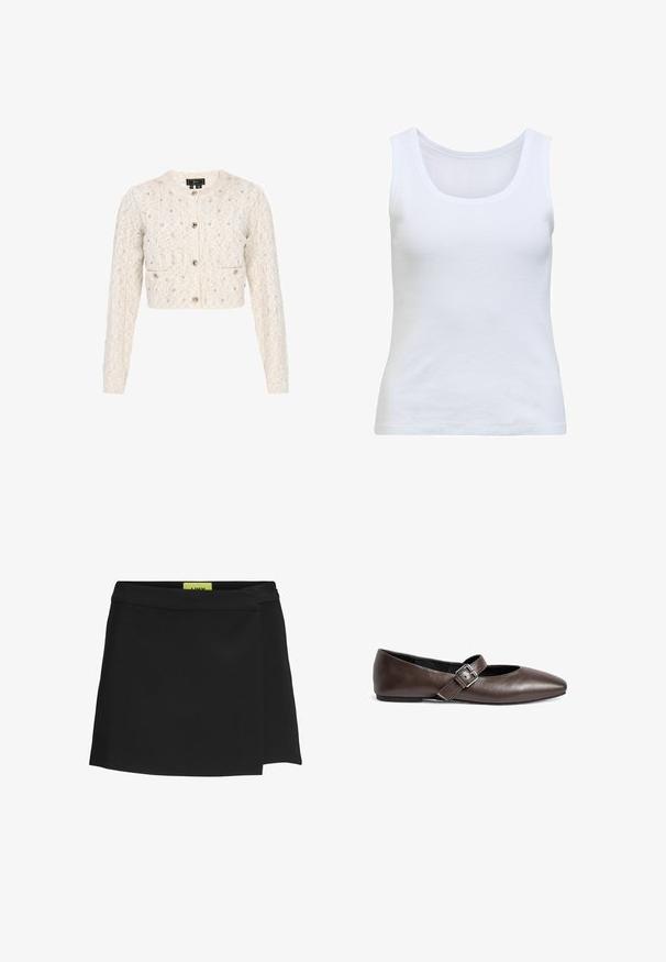 Gebreid cropped cardigan in roomkleur met lange mouwen, ronde hals, kleine knoopjes aan de voorkant en subtiele pailletten details.; Witte geribbelde mouwloze tanktop met een ronde halslijn en een aansluitend silhouet.; Zwarte wikkelrok van gladde stof, met een hoge taille en een zijschuif. Label is zichtbaar in een contrasterende felgele kleur.; Bruine leren platte schoenen met een ronde neus en een verstelbare gespband over de middelvoet. Glad textuur en minimalistisch ontwerp.