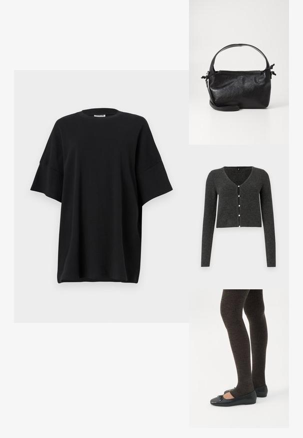 Tumehall ribatud kardigan pikkade varrukatega, V-kaelusega ja kuuese kaunist pärlknöpiga ees. Lühike pikkus.; Must have must be cotton oversized must have a round neckline and short wide sleeves with a smooth texture and relaxed fit.; Jalad seljas tumedad soonelises soonelises kombines mustade baleriinadega, millel on väikesed paelade detailid valgel taustal.; Must mustrikujundusega must nahast käekott, ümarate pealmiste käepidemete ja eemaldatava õlalihaga. Omab siledat tekstuuri ja peent sära.