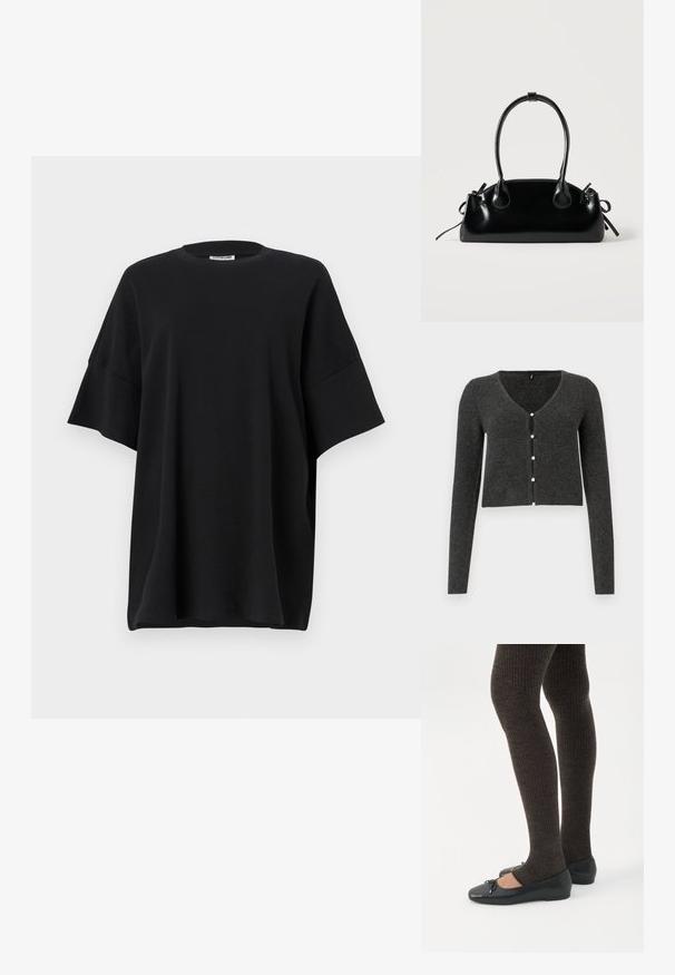 Donkergrijze geribde cardigan met lange mouwen, V-hals en zes decoratieve parelknopen aan de voorkant. Verkorte lengte.; Zwarte oversized t-shirt van katoen, met een ronde halslijn en korte, brede mouwen. Het heeft een soepele textuur en een relaxte pasvorm.; Benen met donkere geribbelde leggings gecombineerd met zwarte ballerina's met kleine strikdetails op een witte achtergrond.; Kleine zwarte glanzende handtas met twee lange hengsels en zijkant trekkoord details op een effen lichte achtergrond.