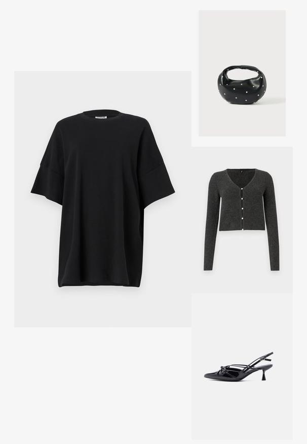 Dunkelgraue gerippte Strickjacke mit langen Ärmeln, V-Ausschnitt und sechs dekorativen Perlenknöpfen auf der Vorderseite. Kürzere Länge.; Schwarz oversized T-Shirt aus Baumwolle, mit Rundhalsausschnitt und kurzen, weiten Ärmeln, die eine glatte Textur und einen entspannten Schnitt bieten.; Schwarzer Slingback-Pumps aus Lackleder mit spitzer Zehenpartie, niedrigem Kitten-Heel und dekorativer, geknoteter Schleife vorne.; Schwarze Lederhandtasche mit abgerundeter Form, verziert mit silbernen Nietenakzenten und kurzem Griff. Glatte Struktur und Reißverschlussverschluss.