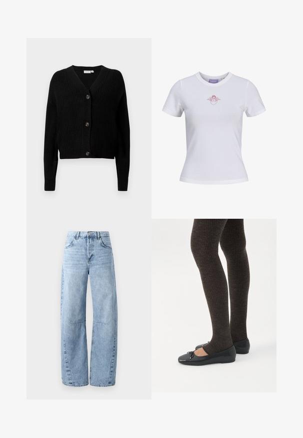 Cárdigan de punto acanalado negro que presenta un escote en V, mangas largas y cinco cierres de botones en la parte delantera. Textura suave con un corte cropped.; Camiseta blanca ajustada de manga corta con un pequeño gráfico rojo de un ángel sobre un corazón en el centro del pecho.; Vaqueros de mezclilla de pierna ancha en tono azul claro, con cintura alta, cinco bolsillos y un ligero desgastado. Las piernas presentan costuras y costuras visibles.; Piernas con leggings oscuros acanalados combinados con bailarinas negras que presentan pequeños detalles de lazo sobre un fondo blanco.
