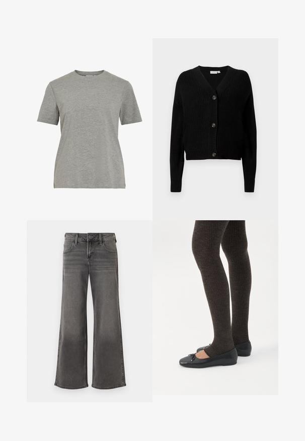 Schwarze gerippte Strickjacke mit V-Ausschnitt, langen Ärmeln und fünf Knopfleisten vorne. Weicher Stoff mit taillierter Passform.; Graues Baumwoll-T-Shirt mit klassischem Rundhalsausschnitt, kurzen Ärmeln und glatter Textur, geeignet für legere Kleidung.; Graue weit geschnittene Jeans aus Denim, mit einem klassischen Fünf-Taschen-Design, Knopfverschluss und Stichdetails entlang der Nähte.; Beine in dunklen, gerippten Leggings kombiniert mit schwarzen Ballerinas mit kleinen Schleifendetails auf weißem Hintergrund.
