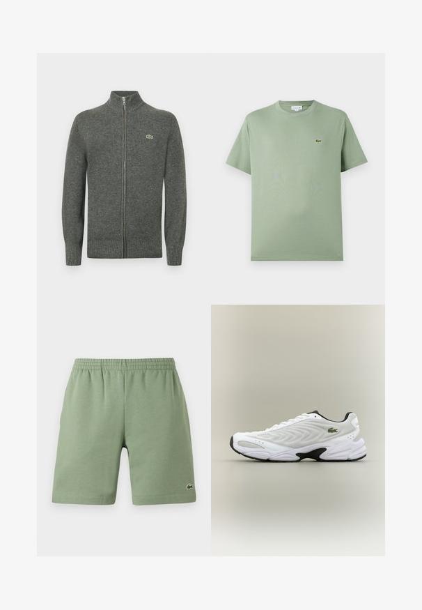 Grijze cardigan met ritssluiting, gemaakt van gebreide wol. Heeft een geribde kraag, manchetten en zoom, met een klein groen logo op de borst.; Lichtgroene katoenen T-shirt met een ronde hals, korte mouwen en een klein logo op de linkerkant van de borst. Gladde textuur, standaard pasvorm.; Groene katoenen shorts met een elastische tailleband, ontspannen pasvorm en een klein geborduurd logo aan de onderkant aan de linkerzijde. Gladde textuur, geen zakken.; Witte sportieve schoen met een textuur van gaas bovenwerk, gebogen ontwerp en contrasterende zwarte zool. Heeft een groen geborduurd logo aan de zijkant.