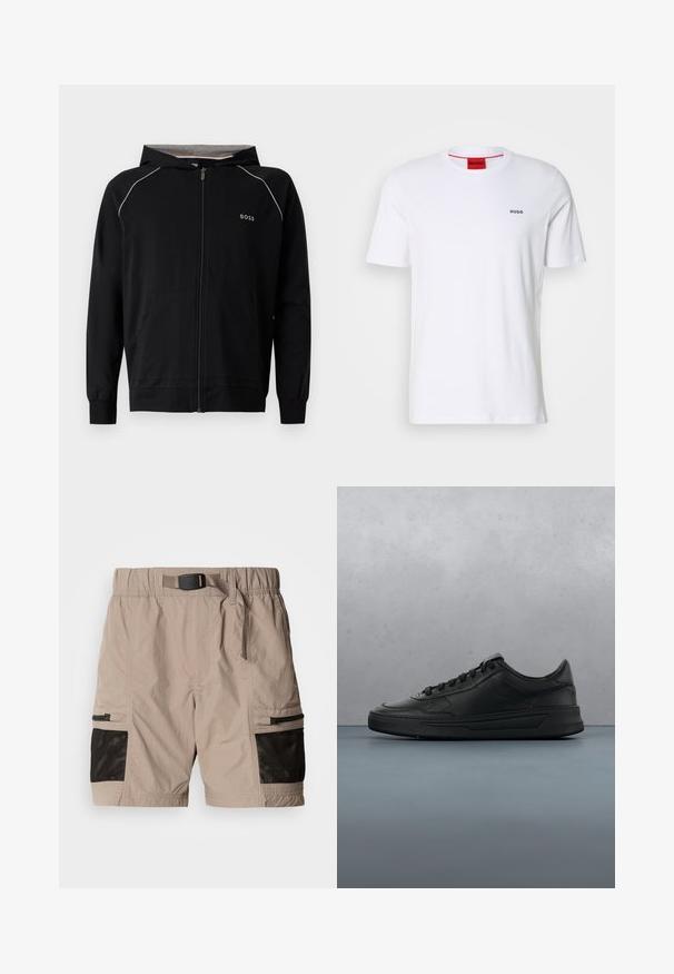 Sudadera negra con capucha y cremallera completa, mangas largas, forro gris claro, pequeño logo "BOSS" en el pecho y bolsillos delanteros.; Camiseta de algodón blanca de mangas cortas, con un escote redondo y pequeño logo negro "HUGO" en el lado izquierdo del pecho. Presenta una etiqueta en el cuello interior de color rojo.; Pantalones cortos de carga beige con una tela texturizada, que presentan acentos de panel de malla en negro, cintura elástica y bolsillos laterales con cremalleras.; Zapatilla negra con parte superior de cuero liso, puntera redonda, cordones planos, cuello acolchado y diseño minimalista. Suela de goma con un patrón de relieve sutil.