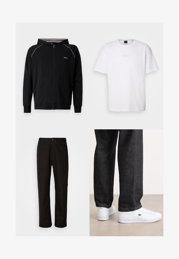 Sort hættetrøje med fuld lynlås, lange ærmer, lys grå foring, lille "BOSS"-logo på brystet og forlommer.; Hvid bomulds T-shirt med korte ærmer, rund halsudskæring og præget "BOSS" logo på brystet. Glat tekstur, standard pasform.; Sorte bomuldsbukser med lige pasform, bæltestropper, lynlås foran og en enkelt knappelukning. Glat tekstur uden synlige mønstre.; Hvite lærsneakers med et lavprofil-design og grønt logo, parret med mørke denimjeans med gul syning.