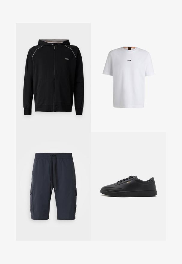 Zwarte hoodie met volledige ritssluiting, lange mouwen, lichtgrijze voering, klein "BOSS"-logo op de borst en steekzakken aan de voorkant.; Witte katoenen T-shirt met korte mouwen, voorzien van een zwart "BOSS"-logo in het midden van de borst en een ronde halsontwerp.; Marine cargoshorts met een elastische tailleband, een trekkoord aan de voorkant, zijzakken en een gladde textuur. Duurzaam materiaal, geschikt voor casual dragen.; Zwarte leren sneakers met een gladde textuur, ronde neus, platte rubberen zool en tonale veters. Kenmerkt zich door de gouden "BOSS" branding aan de zijkant.