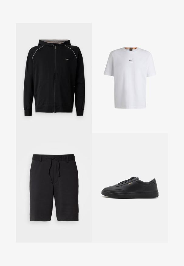 Sort hættetrøje med fuld lynlås, lange ærmer, lys grå foring, lille "BOSS"-logo på brystet og forlommer.; Hvid bomuld T-shirt med korte ærmer, med et sort "BOSS" logo centreret på brystet og en rund halsudskæring.; Sorte shorts med et tekstureret mønster, elastisk talje og justerbar snøre til pasform. Mellemlang længde, enkelt design uden synlige lommer.; Sorte lædersneakers med en glat overflade, rund tå, flad gummisål og tonede snørebånd. Udstyret med guld "BOSS" branding på siden.