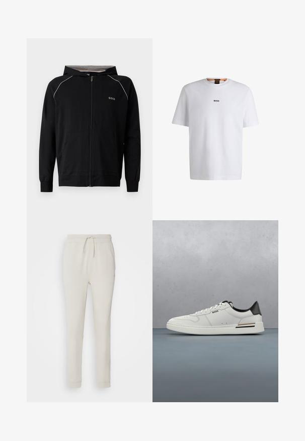 Sudadera negra con capucha y cremallera completa, mangas largas, forro gris claro, pequeño logo "BOSS" en el pecho y bolsillos delanteros.; Camiseta de algodón blanca de manga corta, con un logotipo negro "BOSS" centrado en el pecho y un diseño de cuello redondo.; Pantalones deportivos de color beige claro, hechos de una suave tela texturizada. Cuentan con una cinturilla con cordón, puños acanalados y bolsillos laterales. Ajuste entallado.; Zapatilla baja blanca con talón negro, cierre con cordones, perforaciones sutiles y el logo "BOSS" en el costado, mostrada desde el perfil exterior.