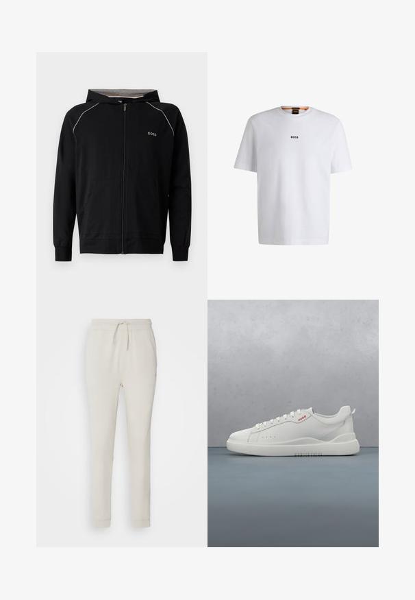 Sort hættetrøje med fuld lynlås, lange ærmer, lys grå foring, lille "BOSS"-logo på brystet og forlommer.; Hvid bomuld T-shirt med korte ærmer, med et sort "BOSS" logo centreret på brystet og en rund halsudskæring.; Lys beige sweatpants lavet af blødt, tekstureret stof. Har en snørre i taljen, ribbede manchetter og sidelommer. Skræddersyet pasform.; Hvide sneakers med en glat læderfinish, rund tå, fire snørehuller, subtile perforeringer og en rød logo detalje på siden.