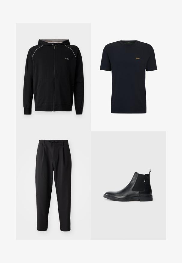 Sort hættetrøje med fuld lynlås, lange ærmer, lys grå foring, lille "BOSS"-logo på brystet og forlommer.; Mørkeblå bomulds t-shirt med korte ærmer, rund halsudskæring og et lille guld "BOSS" logo på brystet. Glat tekstur, afslappet stil.; Sorte tapered bukser med elastisk talje og snor. Glat stof med en let tekstur, udstyret med læg og sidelommer.; Sorte læder Chelsea støvler med elastiske sidepaneler, en pull-tab og en flad gummisål. Glat tekstur med minimal detaljer.