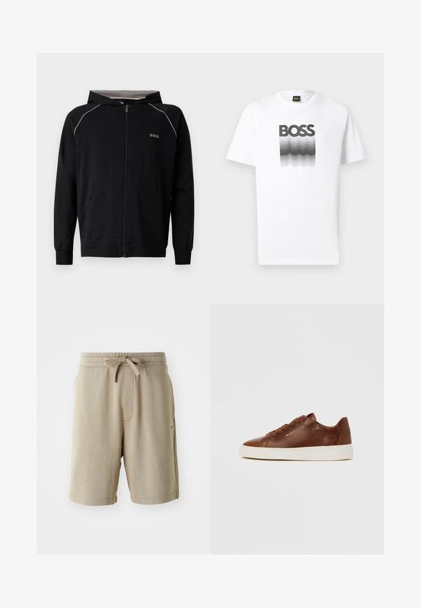 Sweat à capuche noir zippé intégralement, manches longues, doublure gris clair, petit logo « BOSS » sur la poitrine et poches avant.; T-shirt blanc à manches courtes avec un motif de vague en dégradé noir et gris et le texte "BOSS" en gras centré sur la poitrine.; Shorts beiges avec une texture douce, taille élastique, cordon de serrage et poches latérales. Longueur mi-cuisse et minimalisme de la marque sur l'ourlet.; Baskets basses en cuir marron avec lacets à l'avant, semelle en caoutchouc blanche et logo doré "GANT" sur le côté.