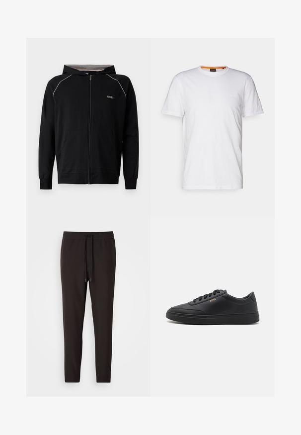 Sort hættetrøje med fuld lynlås, lange ærmer, lys grå foring, lille "BOSS"-logo på brystet og forlommer.; Hvid bomulds T-shirt med rund hals, korte ærmer og et subtilt præget logo på brystet. Indvendigt mærke har en orange detalje.; Sorte joggingbukser lavet af blødt stof, med en elastisk bæltelås og snor, tætsiddende ben og uden synlige mønstre eller udsmykninger.; Sorte lædersneakers med en glat overflade, rund tå, flad gummisål og tonede snørebånd. Udstyret med guld "BOSS" branding på siden.