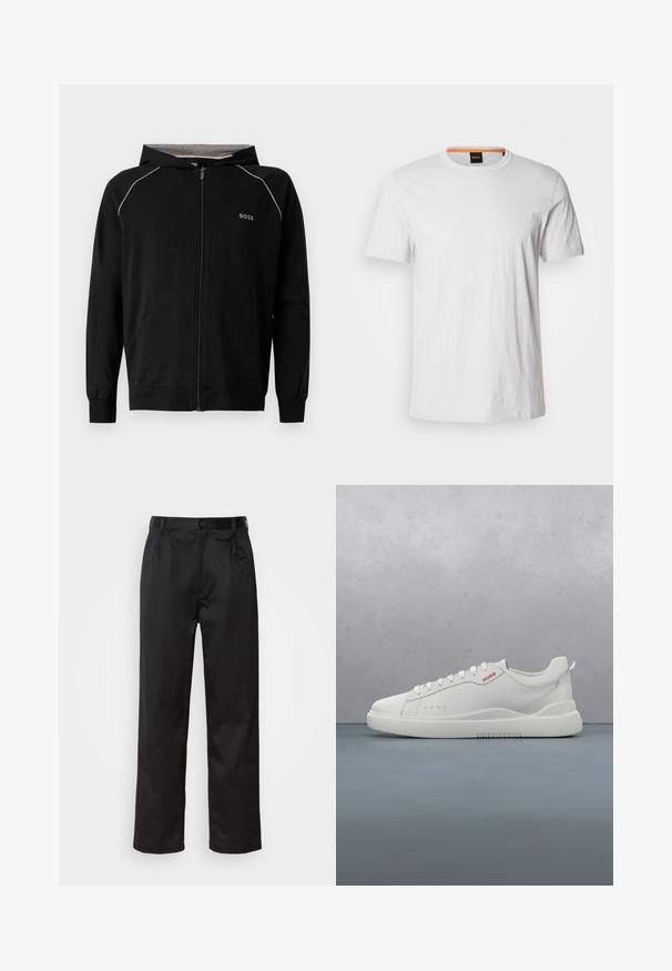 Sudadera negra con capucha y cremallera completa, mangas largas, forro gris claro, pequeño logo "BOSS" en el pecho y bolsillos delanteros.; Camiseta de manga corta blanca hecha de suave algodón, con un cuello redondo y un sutil detalle de logo en blanco a juego en la parte delantera.; Pantalones negros de tela suave, con cierre delantero de botón, pliegues y patas rectas. Sin patrones ni acentos visibles.; Zapatilla blanca con un acabado de cuero liso, punta redonda, cuatro ojales, perforaciones sutiles y un detalle de logo rojo en el lateral.