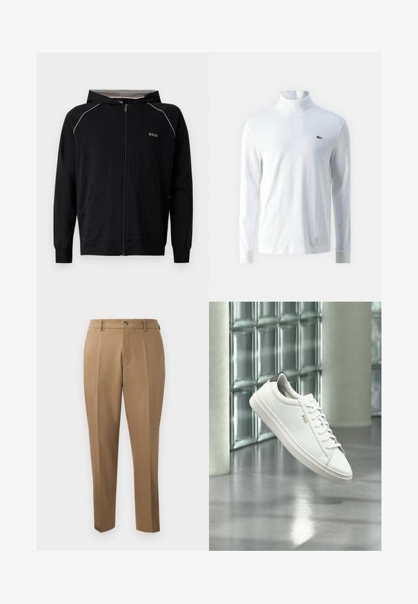 Sweat à capuche noir zippé intégralement, manches longues, doublure gris clair, petit logo « BOSS » sur la poitrine et poches avant.; Chemise à col roulé blanche à manches longues en tissu doux, ornée d'un petit logo brodé vert sur la poitrine et de poignets ajustés.; Pantalons marron sur mesure avec une coupe droite, plis simples, passants de ceinture et fermeture à bouton sur le devant. Tissu lisse avec une texture mate.; Baskets basses en cuir blanc avec lacets, languette de talon noire et logo « BOSS », flottant à l'intérieur près d'un mur en blocs de verre et d'un sol poli.