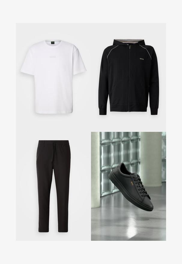 Sudadera negra con capucha y cremallera completa, mangas largas, forro gris claro, pequeño logo "BOSS" en el pecho y bolsillos delanteros.; Camiseta de algodón blanca de manga corta, con escote redondo y logotipo grabado de "BOSS" en el pecho. Textura suave, ajuste estándar.; Pantalones de chándal negros de tejido suave. Cuentan con una cintura elástica con cordón, piernas ajustadas y sin bolsillos visibles. Diseño sencillo.; Zapatilla baja de piel negra con cordones negros y logo dorado BOSS en el lateral, flotando sobre un suelo gris brillante en un espacio interior moderno.