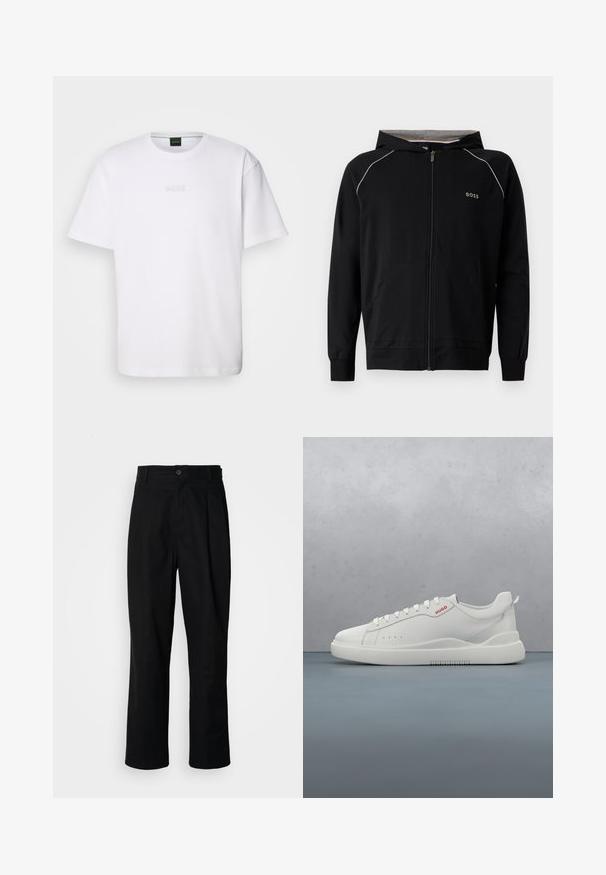 Sudadera negra con capucha y cremallera completa, mangas largas, forro gris claro, pequeño logo "BOSS" en el pecho y bolsillos delanteros.; Camiseta de algodón blanca de manga corta, con escote redondo y logotipo grabado de "BOSS" en el pecho. Textura suave, ajuste estándar.; Pantalones rectos negros con cintura con botones, trabillas para cinturón y pliegue frontal, exhibidos sobre un fondo blanco liso.; Zapatilla blanca con un acabado de cuero liso, punta redonda, cuatro ojales, perforaciones sutiles y un detalle de logo rojo en el lateral.