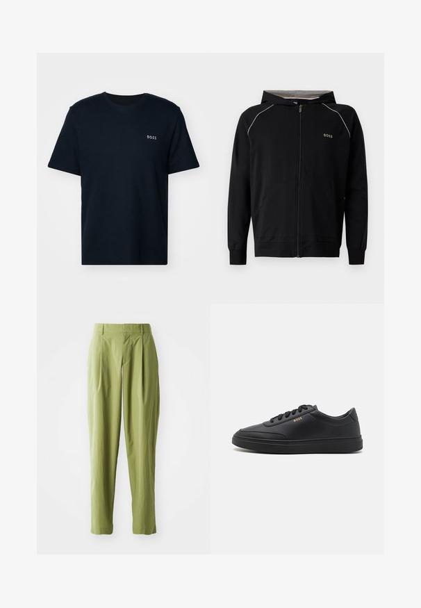 Zwarte hoodie met volledige ritssluiting, lange mouwen, lichtgrijze voering, klein "BOSS"-logo op de borst en steekzakken aan de voorkant.; Donkerblauwe katoenen T-shirt met een geribbelde textuur, korte mouwen en een klein wit "BOSS" logo op de linkerkant van de borst. Eenvoudig ontwerp met ronde hals.; Lichtgroene broek van een gestructureerde stof, met een rechte pasvorm, plooien aan de voorkant en een standaard tailleband.; Zwarte leren sneakers met een gladde textuur, ronde neus, platte rubberen zool en tonale veters. Kenmerkt zich door de gouden "BOSS" branding aan de zijkant.